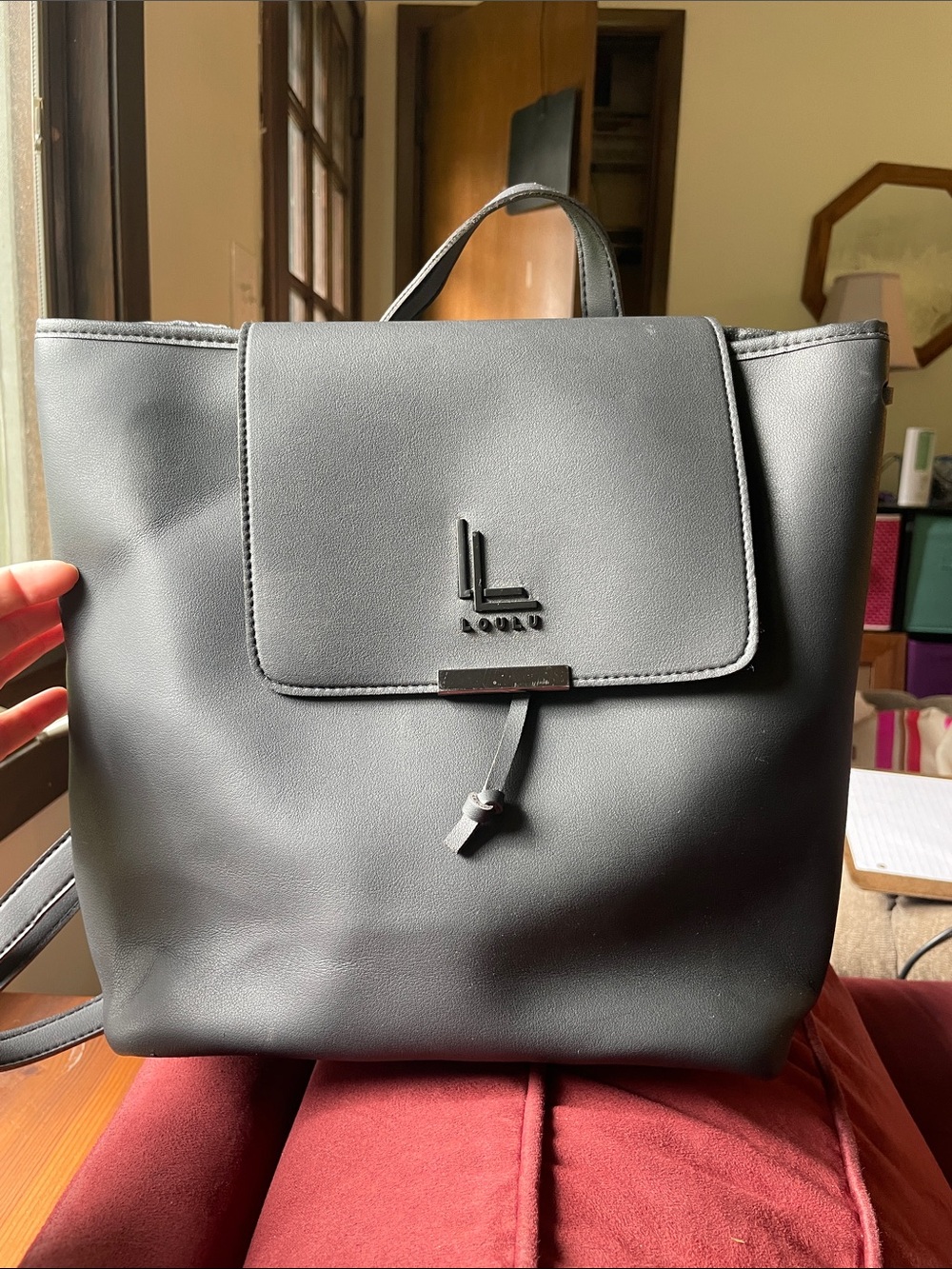 Loulu Black Faux-Leather Backpack with Top Handle